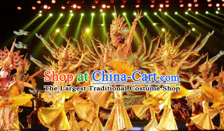 Chinese Back to Song Dynasty Ethnic Dance Yellow Dress Stage Performance Costume and Headpiece for Women