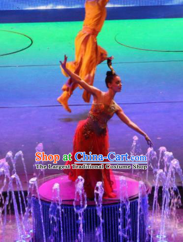 Chinese Back to Song Dynasty Classical Dance Red Dress Stage Performance Costume and Headpiece for Women
