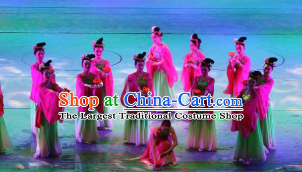Chinese Back to Song Dynasty Classical Lotus Dance Green Dress Stage Performance Costume and Headpiece for Women