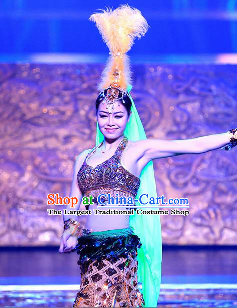 Chinese Magic Ganpo Impression Indian Dance Dress Stage Performance Costume and Headpiece for Women