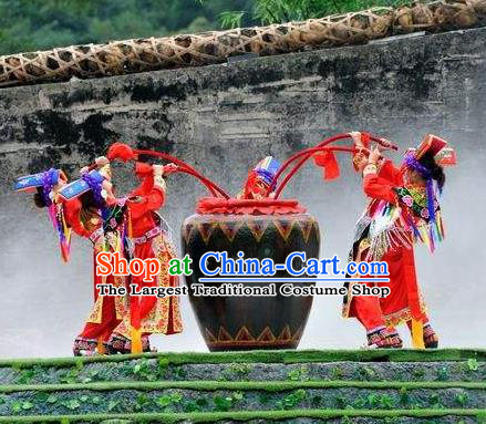 Chinese Road Solutions Dujiangyan Ethnic Dance Red Dress Stage Performance Costume and Headpiece for Women