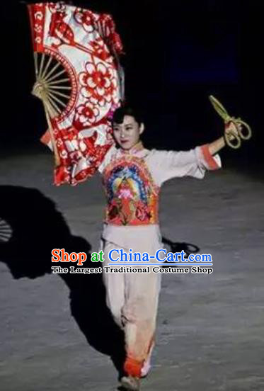 Chinese Sutras In The Golden Hill Folk Fan Dance Dress Stage Performance Costume and Headpiece for Women