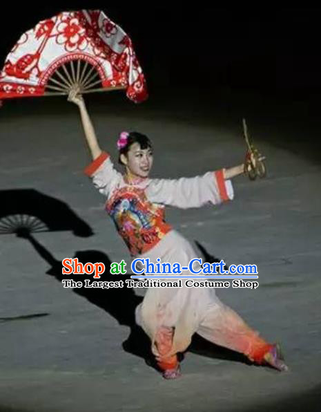 Chinese Sutras In The Golden Hill Folk Fan Dance Dress Stage Performance Costume and Headpiece for Women