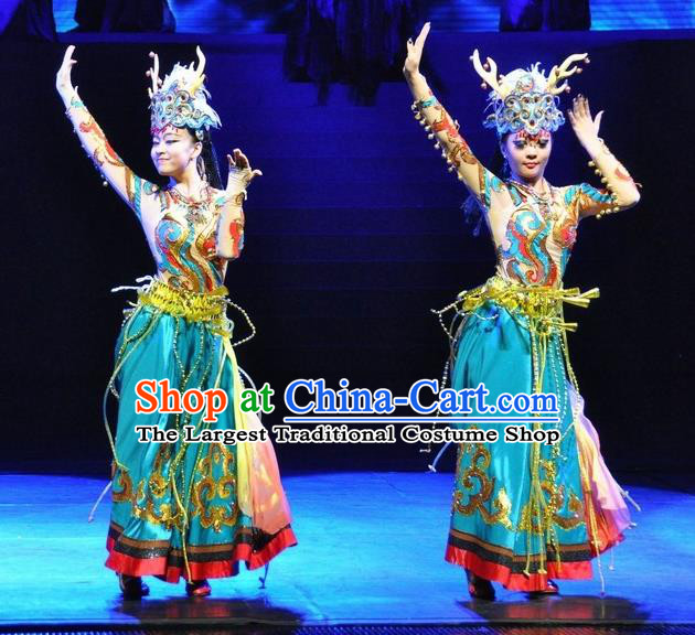 Chinese Jinxiu Shenzhou Classical Dance Ethnic Dance Green Dress Stage Performance Costume and Headpiece for Women