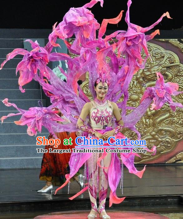 Chinese Jinxiu Shenzhou Classical Dance Ethnic Dance Lilac Dress Stage Performance Costume and Headpiece for Women