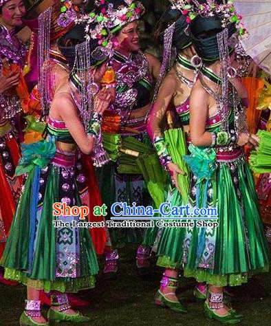 Chinese Dragon Boat Song Tujia Nationality Ethnic Dance Green Dress Stage Performance Costume and Headpiece for Women
