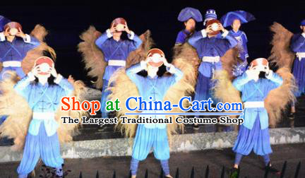 Chinese Dushan Ceremony Bouyei Nationality Dance Stage Performance Blue Costume for Men