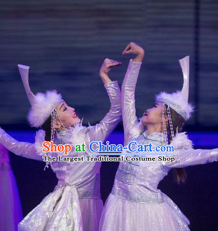 Chinese Impression of Going East To Native Land Mongol Nationality Dance White Dress Stage Performance Costume for Women