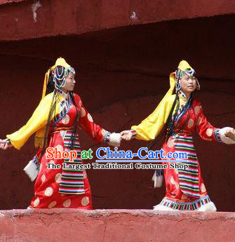 Chinese Impression of Lijiang Zang Nationality Ethnic Dance Red Dress Stage Performance Costume and Headpiece for Women