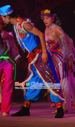 Chinese Hui Nationality Wedding Ethnic Bridegroom Dance Clothing Stage Performance Blue Costume for Men