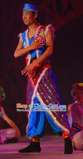 Chinese Hui Nationality Wedding Ethnic Bridegroom Dance Clothing Stage Performance Blue Costume for Men