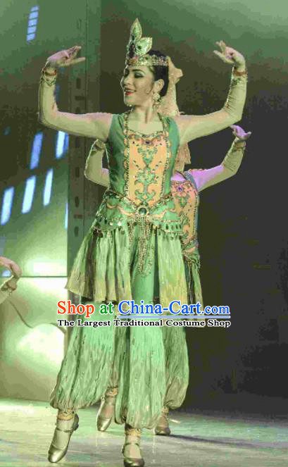 Chinese Silk Road Uyghur Nationality Dance Green Dress Ethnic Stage Performance Costume for Women