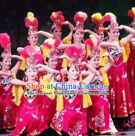 Chinese Silk Road Uyghur Nationality Dance Rosy Dress Ethnic Stage Performance Costume for Women