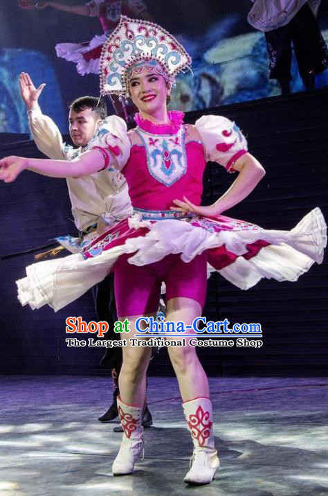 Chinese Silk Road Daur Nationality Dance Rosy Dress Ethnic Stage Performance Costume for Women