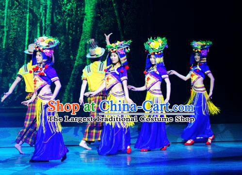 Chinese Lishui Jinsha Yi Nationality Dance Blue Dress Ethnic Stage Performance Costume and Headpiece for Women