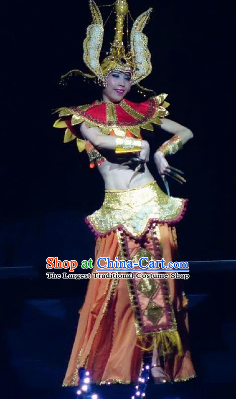 Chinese Lishui Jinsha Dai Nationality Dance Dress Ethnic Stage Performance Costume and Headpiece for Women