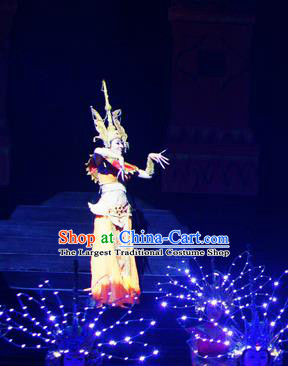 Chinese Lishui Jinsha Dai Nationality Dance Dress Ethnic Stage Performance Costume and Headpiece for Women