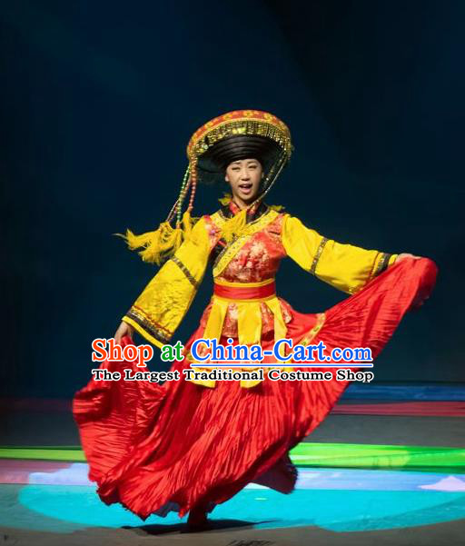 Chinese Lishui Jinsha Bai Nationality Dance Red Dress Ethnic Wedding Stage Performance Costume and Headpiece for Women