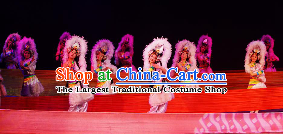 Chinese Lishui Jinsha Zang Nationality Dance White Dress Ethnic Stage Performance Costume and Headpiece for Women