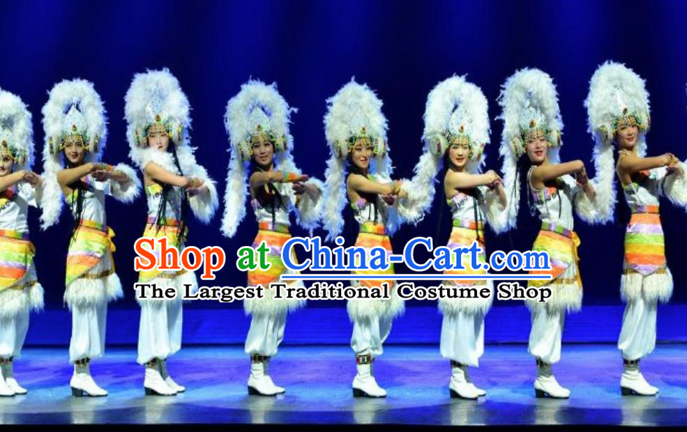 Chinese Lishui Jinsha Zang Nationality Dance White Dress Ethnic Stage Performance Costume and Headpiece for Women