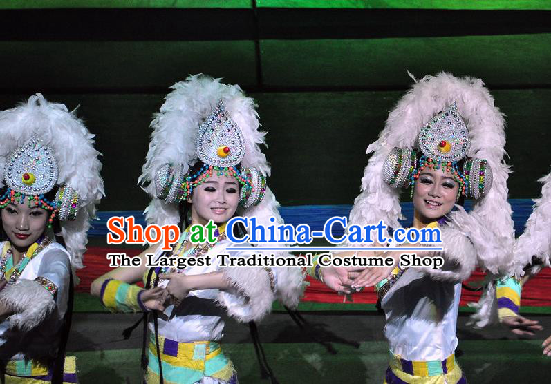 Chinese Lishui Jinsha Zang Nationality Dance White Dress Ethnic Stage Performance Costume and Headpiece for Women