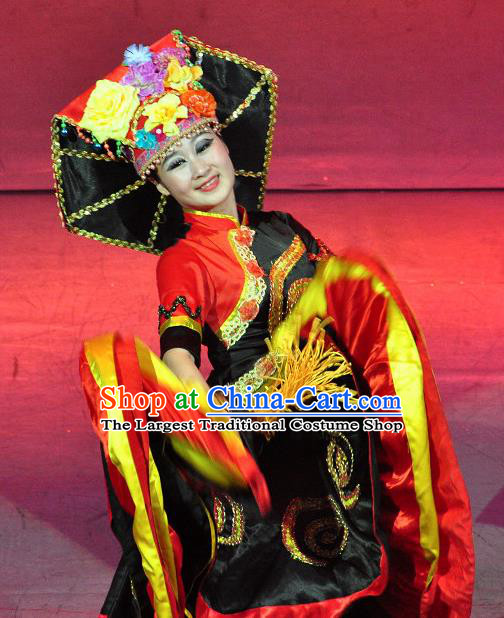 Chinese Lishui Jinsha Yi Nationality Dance Black Dress Ethnic Wedding Stage Performance Costume and Headpiece for Women