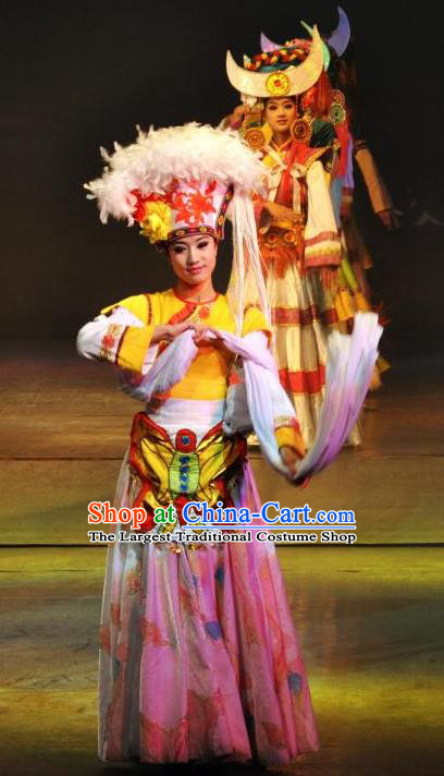 Chinese Lishui Jinsha Bai Nationality Dance Dress Ethnic Wedding Stage Performance Costume and Headpiece for Women