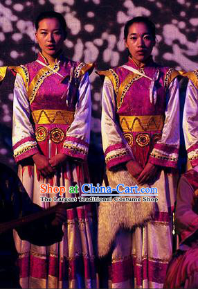 Chinese Lishui Jinsha Yi Nationality Dance Rosy Dress Ethnic Stage Performance Costume for Women