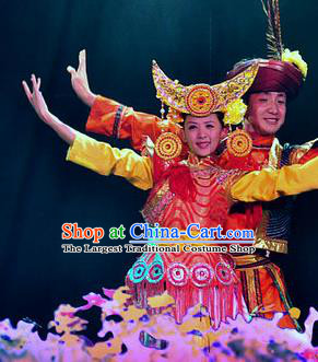Chinese Lishui Jinsha Yi Nationality Dance Wedding Dress Ethnic Stage Performance Costume and Headpiece for Women
