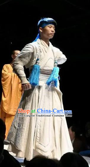Chinese Encore Dunhuang Tang Dynasty Swordsman White Clothing Stage Performance Dance Costume for Men
