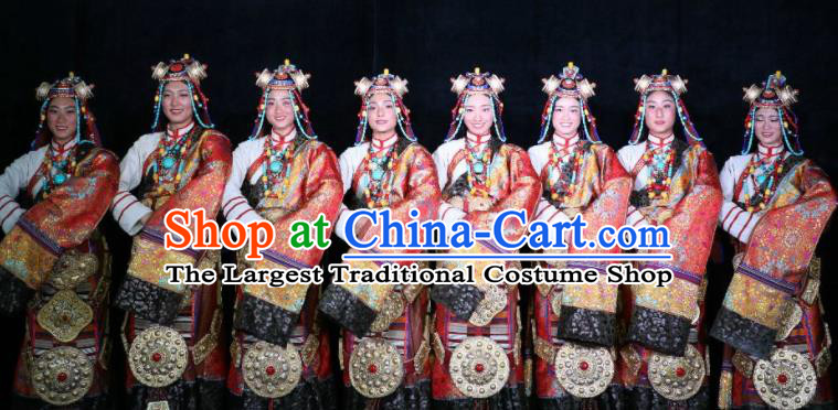 Chinese Encounter Shangri La Impression Tibetan Ethnic Dance Red Robe Stage Performance Costume and Headpiece for Women