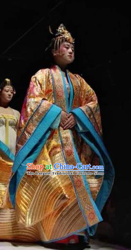 Chinese Encore Dunhuang Tang Dynasty Queen Dance Golden Dress Stage Performance Costume and Headpiece for Women