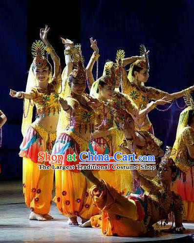 Chinese Turpan Festival Uyghur Nationality Dance Yellow Dress Stage Performance Ethnic Costume and Headpiece for Women
