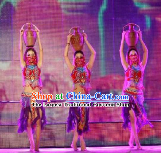 Chinese Turpan Festival Uyghur Nationality Dance Purple Dress Stage Performance Ethnic Costume and Headpiece for Women