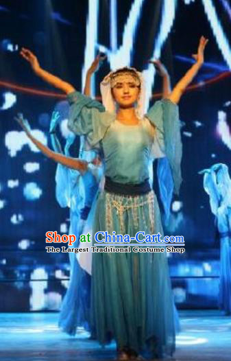 Chinese Turpan Festival Uyghur Nationality Dance Blue Dress Stage Performance Ethnic Costume and Headpiece for Women