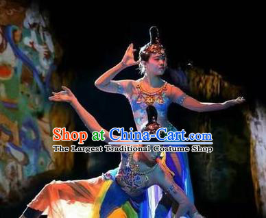 Chinese Encore Dunhuang Classical Dance Blue Dress Stage Performance Costume and Headpiece for Women