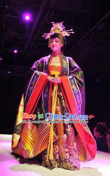 Chinese Encore Dunhuang Tang Dynasty Court Dance Purple Dress Stage Performance Costume and Headpiece for Women