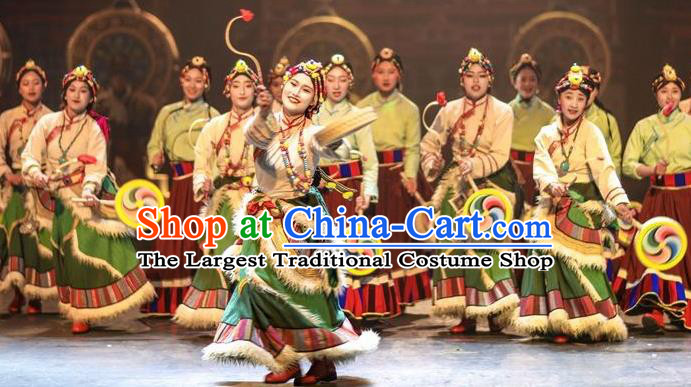 Chinese Encounter Shangri La Impression Tibetan Ethnic Dance Green Robe Stage Performance Costume and Headpiece for Women