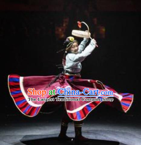 Chinese Encounter Shangri La Impression Tibetan Nationality Dance Dress Stage Performance Costume and Headpiece for Women