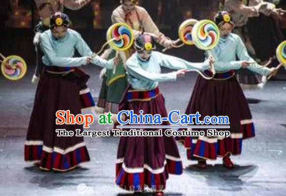 Chinese Encounter Shangri La Impression Tibetan Nationality Dance Dress Stage Performance Costume and Headpiece for Women