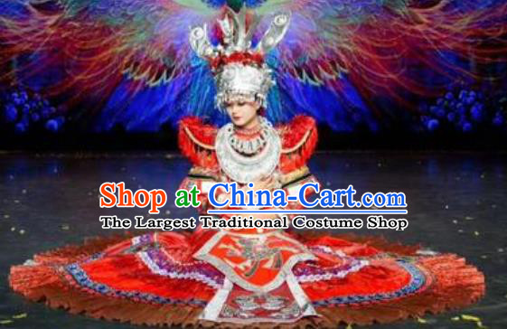 Chinese Jin Show Dan Zhai Miao Nationality Dance Wedding Red Dress Stage Performance Costume and Headpiece for Women