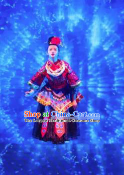 Chinese Jin Show Dan Zhai Miao Nationality Folk Dance Dress Stage Performance Costume and Headpiece for Women