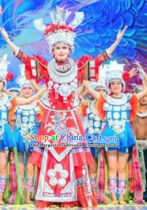 Chinese Jin Show Dan Zhai Miao Nationality Dance Wedding Red Dress Stage Performance Costume and Headpiece for Women