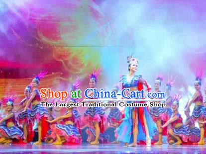 Chinese Jin Show Dan Zhai Miao Nationality Folk Dance Feather Dress Stage Performance Costume and Headpiece for Women