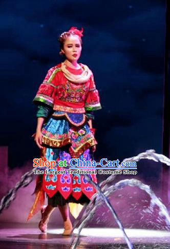 Chinese Jin Show Dan Zhai Miao Nationality Folk Dance Blue Dress Stage Performance Costume and Headpiece for Women
