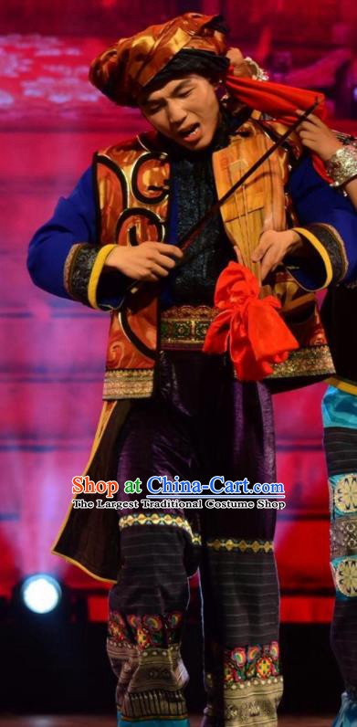 Chinese Jin Show Dan Zhai Miao Nationality Bridegroom Dance Clothing Stage Performance Costume for Men
