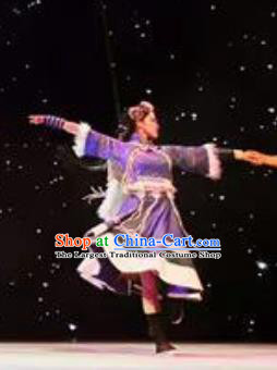 Chinese The Myth Of Snow Mountain Zang Nationality Dongba Dance Purple Dress Stage Performance Costume and Headpiece for Women