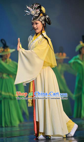 Chinese Picturesque Huizhou Opera Dance Yellow Dress Stage Performance Costume and Headpiece for Women