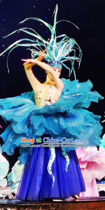 Chinese Picturesque Huizhou Classical Peony Dance Royalblue Dress Stage Performance Costume and Headpiece for Women