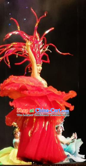 Chinese Picturesque Huizhou Classical Peony Dance Red Dress Stage Performance Costume and Headpiece for Women